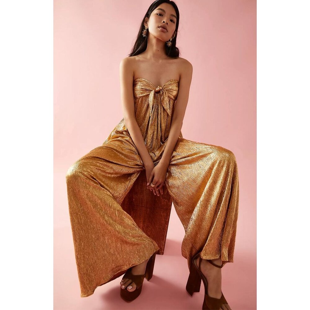 Free People Olivia Jumpsuit Pretty Penny Gold Metallic Strapless Wide Leg Large